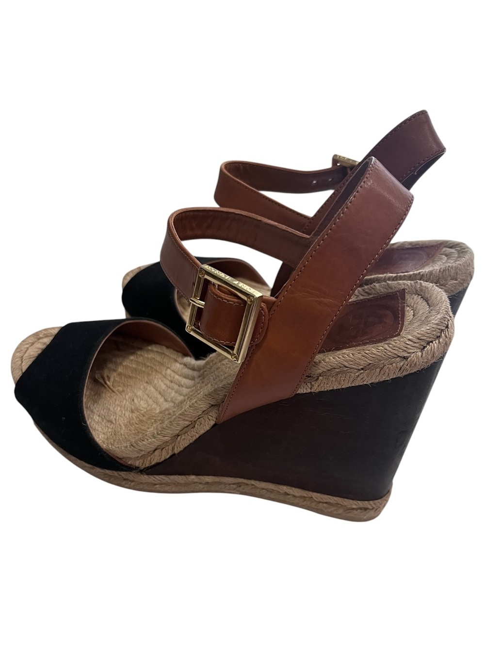 Tory Burch Bima Black Canvas dark brown Wedge Sandals Size 8